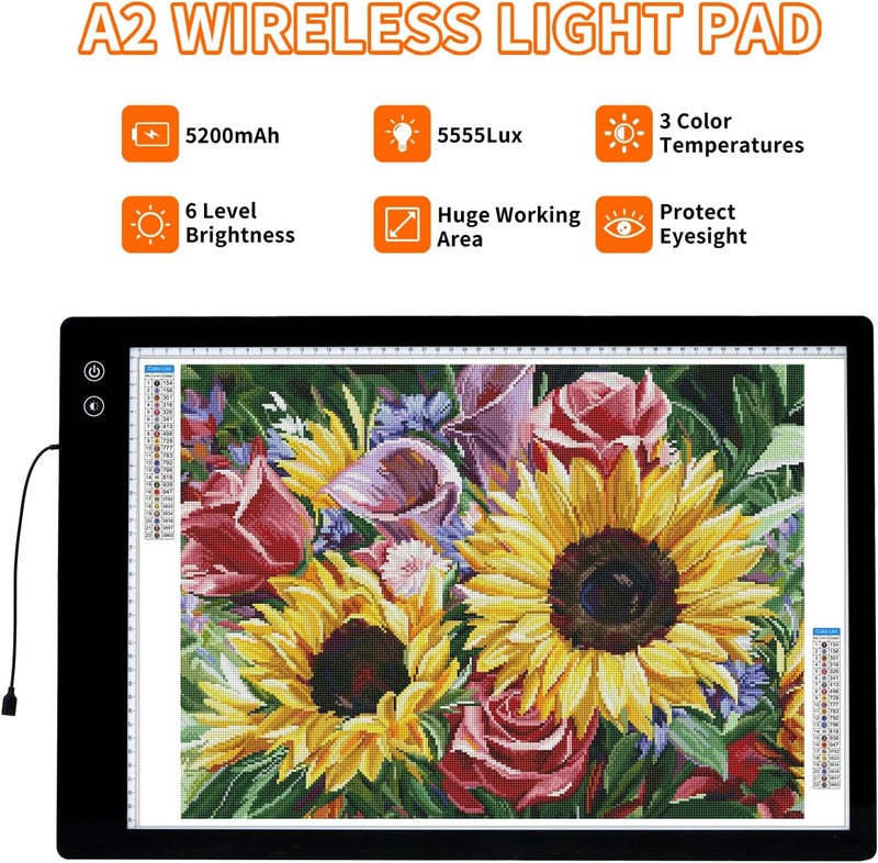 KEIWRLIGHT Rechargeable A2 Light Pad for Diamond Painting, 3 Colors High Bright Tracing Light Box with 6 Levels/Stepless Dimming, Fast Charging Adapter & 5555Lux, Large Drawing Light Board for Sketching - Image 3